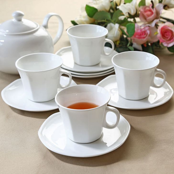 Clay Craft Basic Cup & Saucer Cream, Set of 12 (6 Cups + 6 Saucers), Plain  White