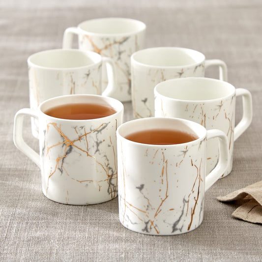 Director Marble Monochrome White Gold Coffee & Tea Mugs, 200ml, Set of 6