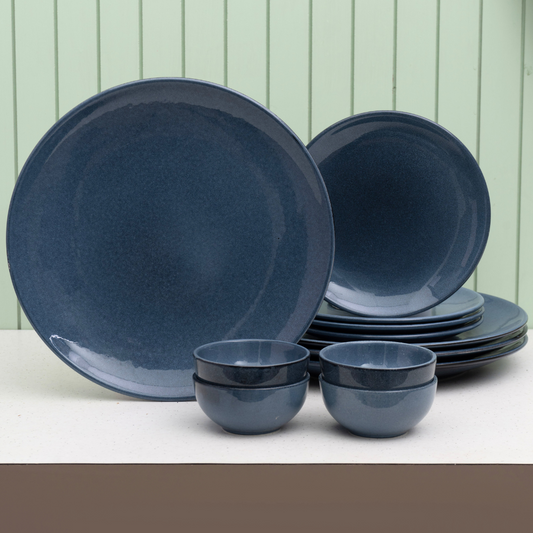 Reactive Denim Blue Porcelain Dinner Set- 12 piece, For Family of 4