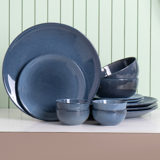 Reactive Denim Blue Porcelain Dinner Set- 14 piece, For Family of 4