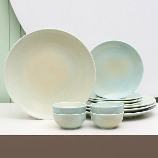 Reactive Forest Green Porcelain Dinner Set- 12 piece, For Family of 4