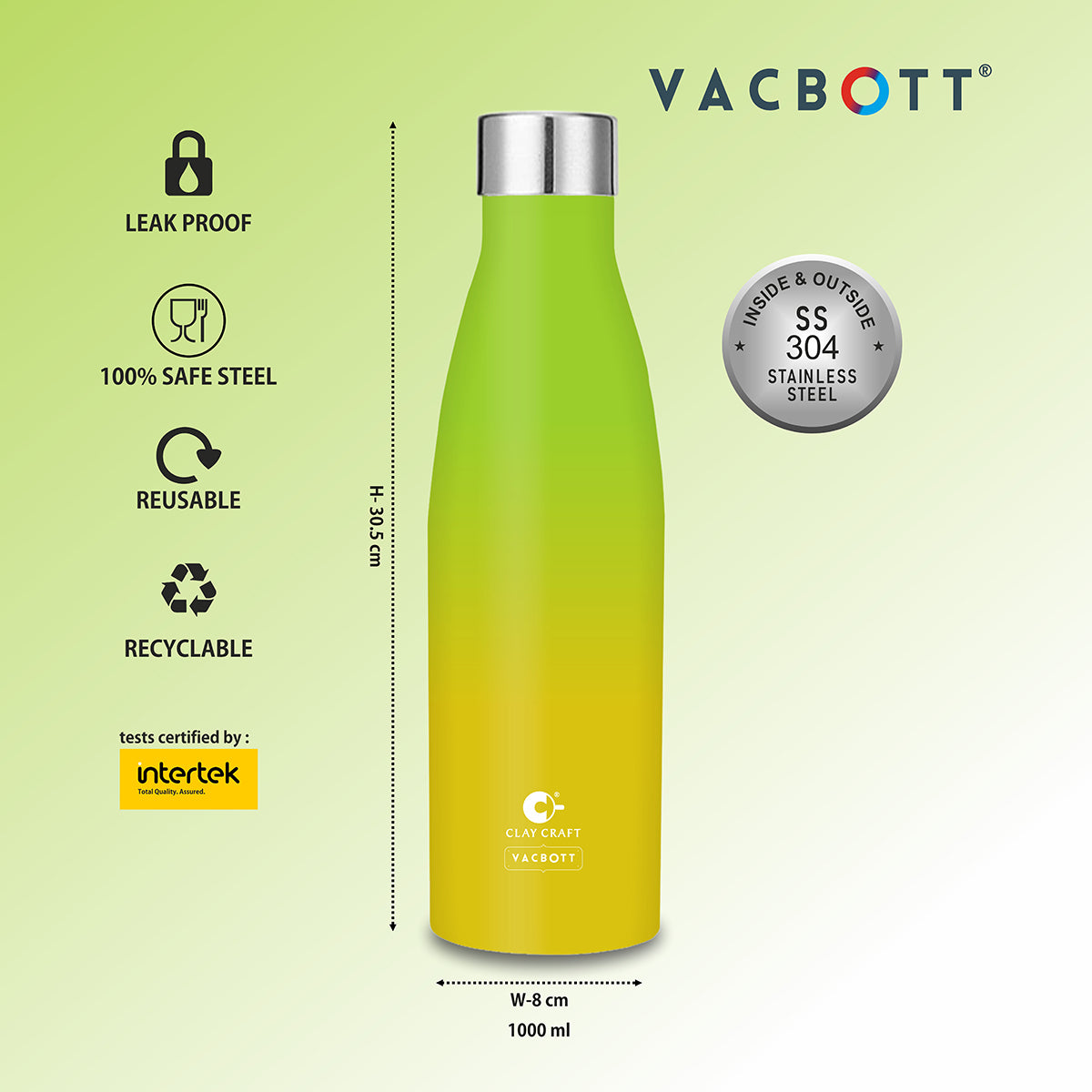 Vacbott vacuum Bottle, Gerald Double Walled 24 Hours Hot and Cold Water Bottle (Pink & Green), BIS Certified