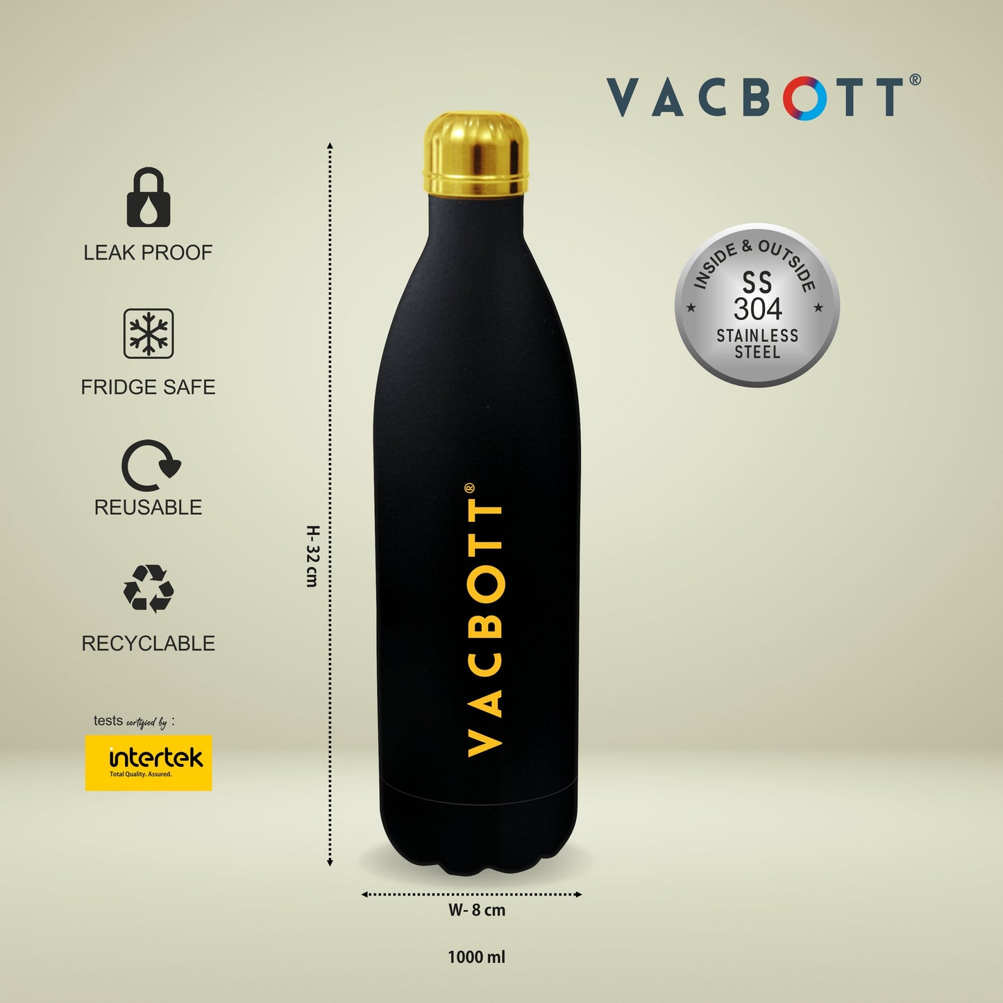 Vacbott vacuum Bottle, Stark Double Walled 24 Hours Hot and Cold Water Bottle, Black Velvet. BIS Certified