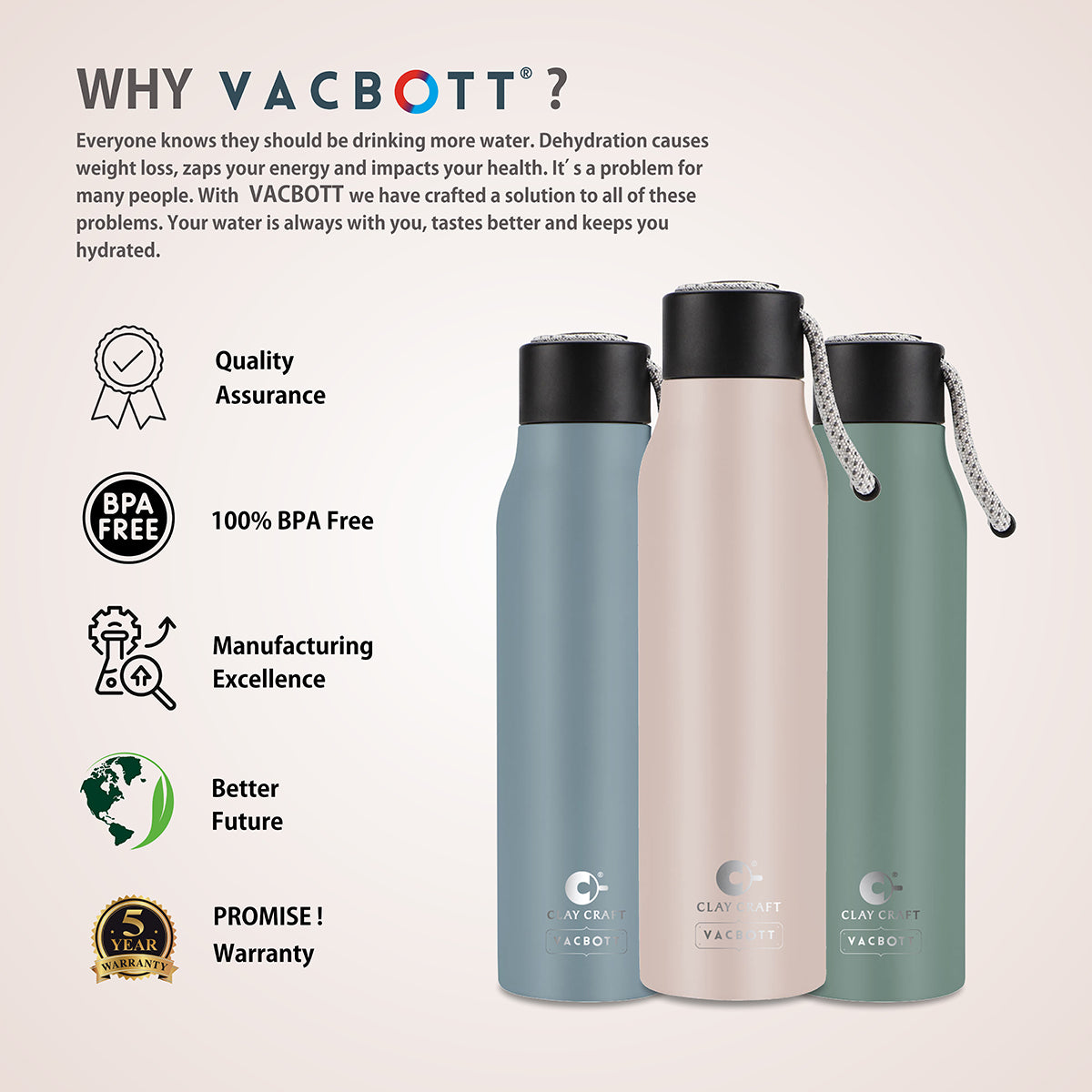 Vacbott vacuum Bottle, Kitkat Double Walled 24 Hours Hot and Cold Water Bottle, 700ml