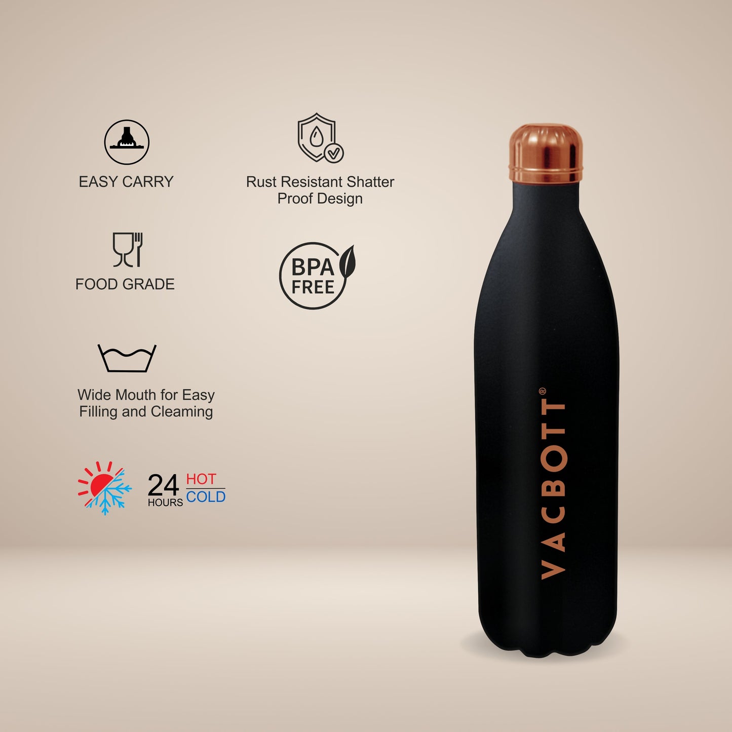 Vacbott vacuum Bottle, Stark Double Walled 24 Hours Hot and Cold Water Bottle, Black Velvet. BIS Certified