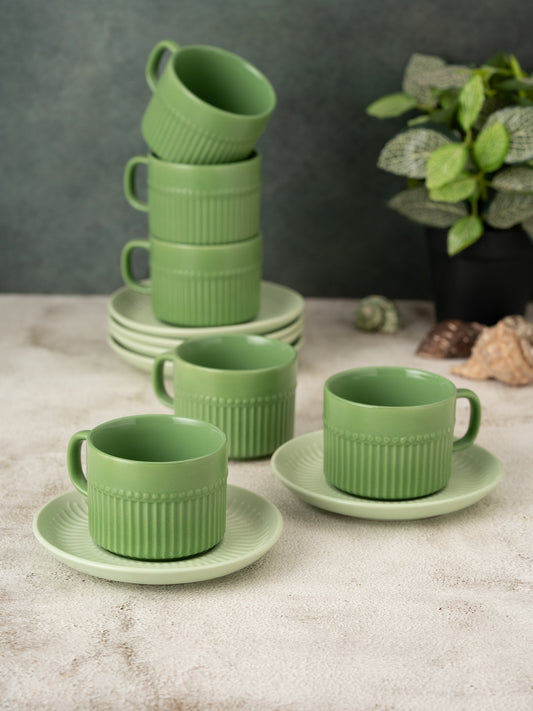 Crimson Matte Pebble Green Cup & Saucer, Set of 12 (6 Cups + 6 Saucers), 210 ml