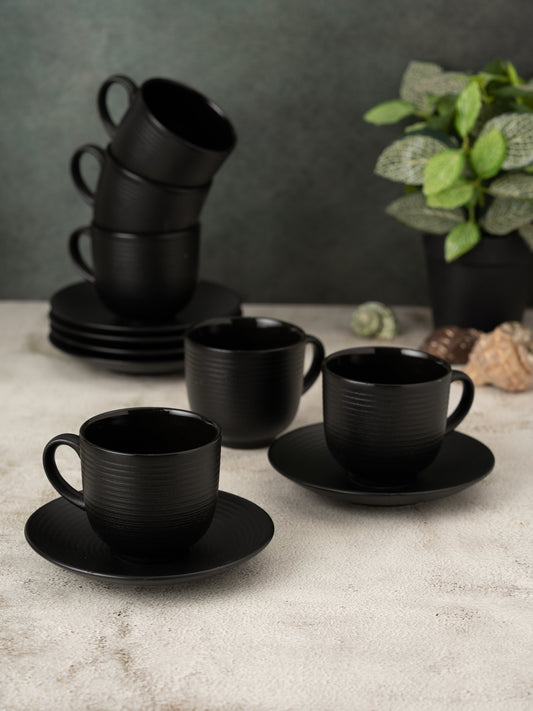 Horizon Pebble Black Cup & Saucer, Set of 12 (6 Cups + 6 Saucers), 220 ml