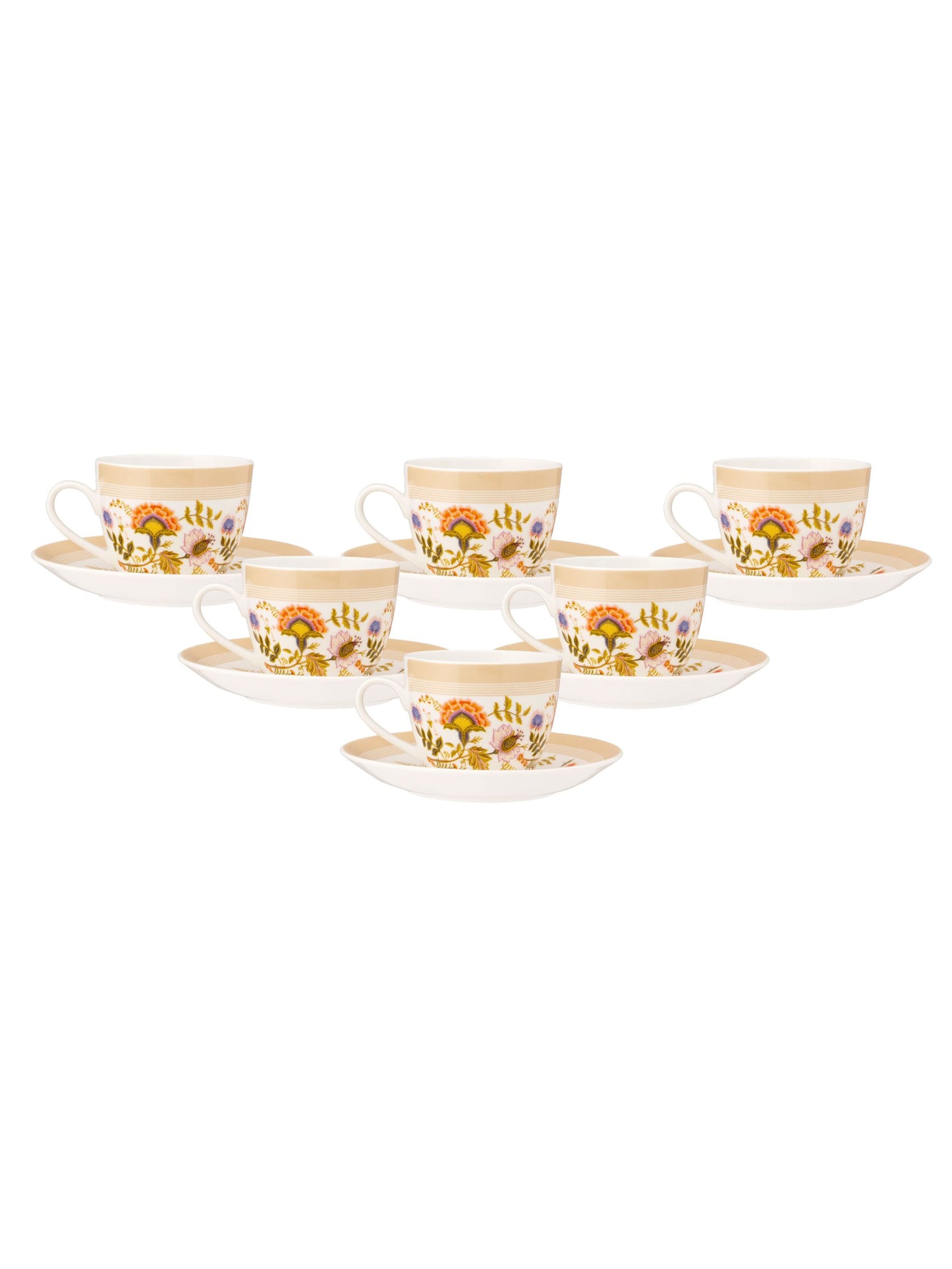 JCPL Cream Gardenia Cup & Saucer, 170ml, Set of 12 (6 Cups + 6 Saucers) (GS305)