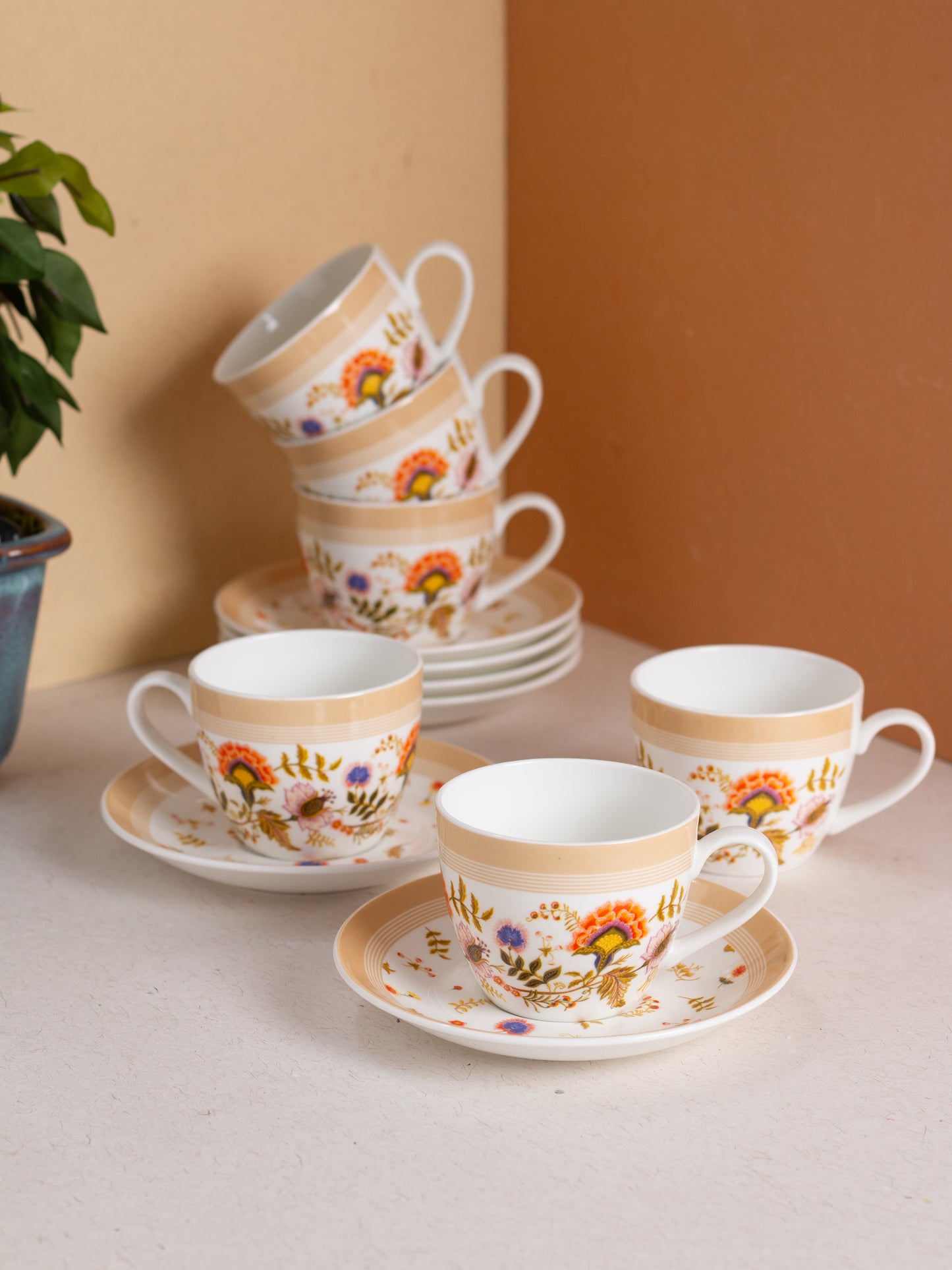 JCPL Cream Gardenia Cup & Saucer, 170ml, Set of 12 (6 Cups + 6 Saucers) (GS305)