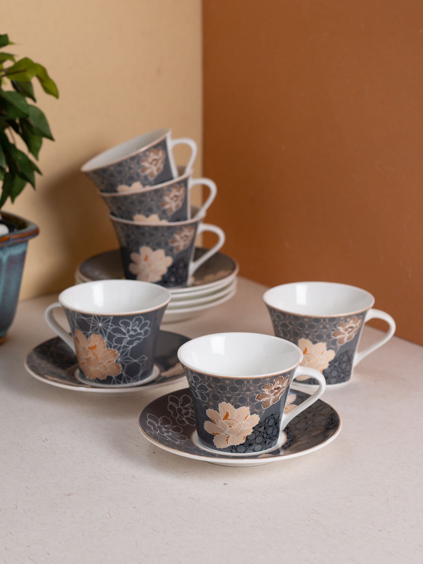 JCPL Gorge Gardenia Cup & Saucer, 210ml, Set of 12 (6 Cups + 6 Saucers) (GS308)