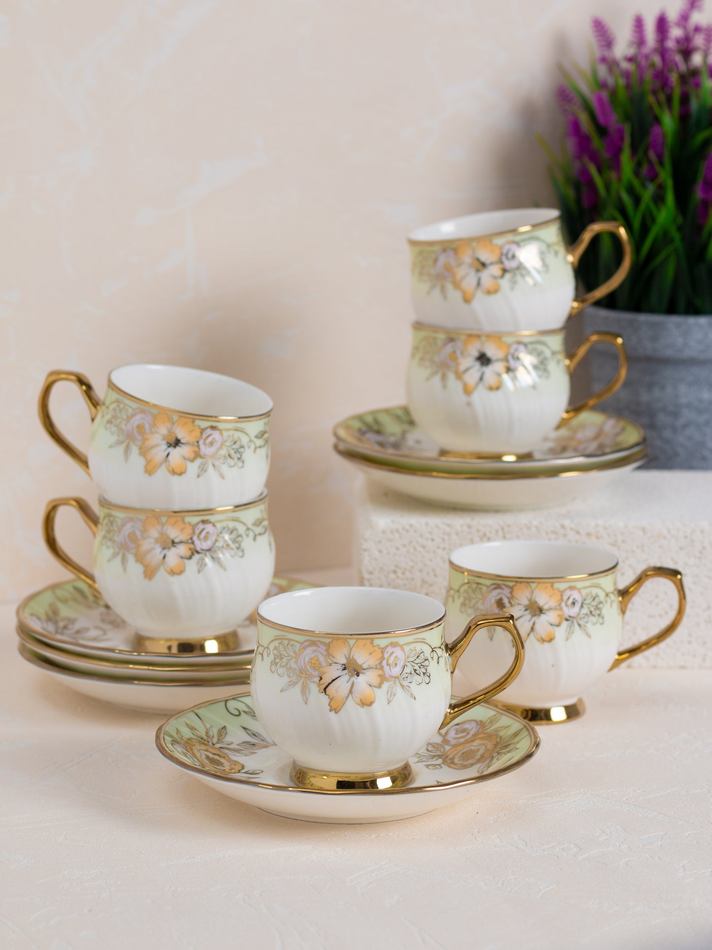 JCPL Karina Ebony Cup & Saucer, 155ml, Set of 12 (6 Cups + 6 Saucers) (E618)