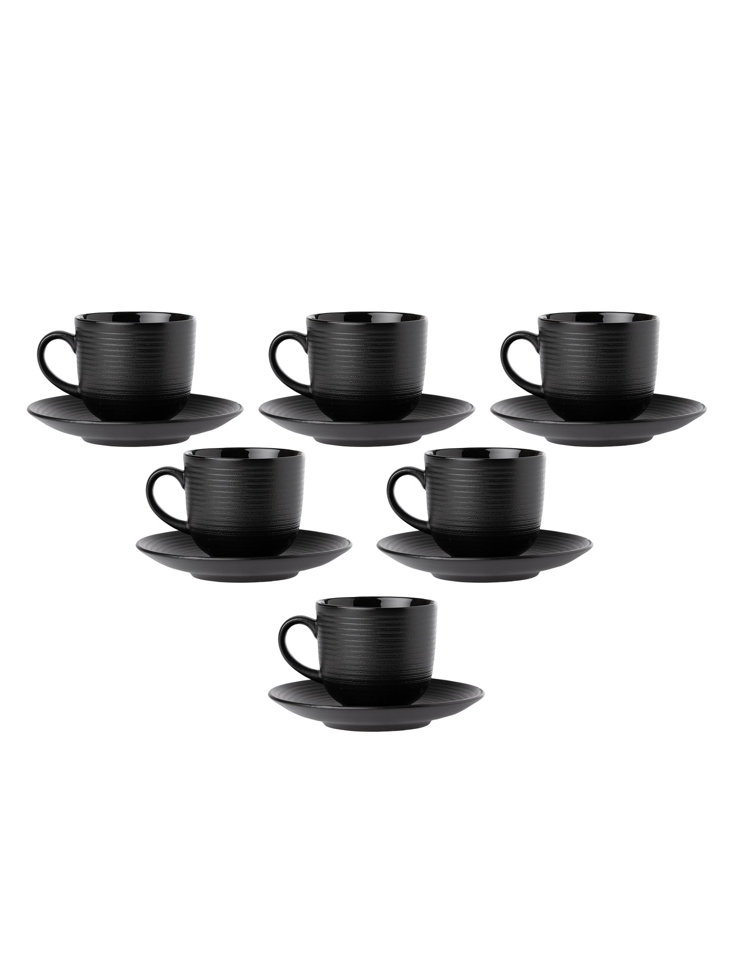 Horizon Pebble Black Cup & Saucer, Set of 12 (6 Cups + 6 Saucers), 220 ml