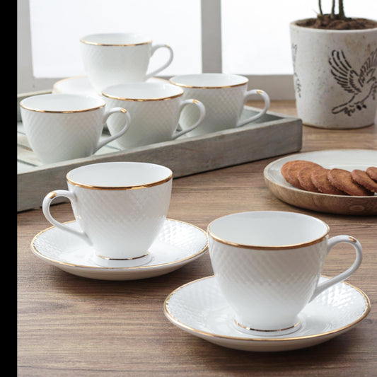 Diamond Cup & Saucer, 210ml, Set of 12 (6 Cups + 6 Saucers)